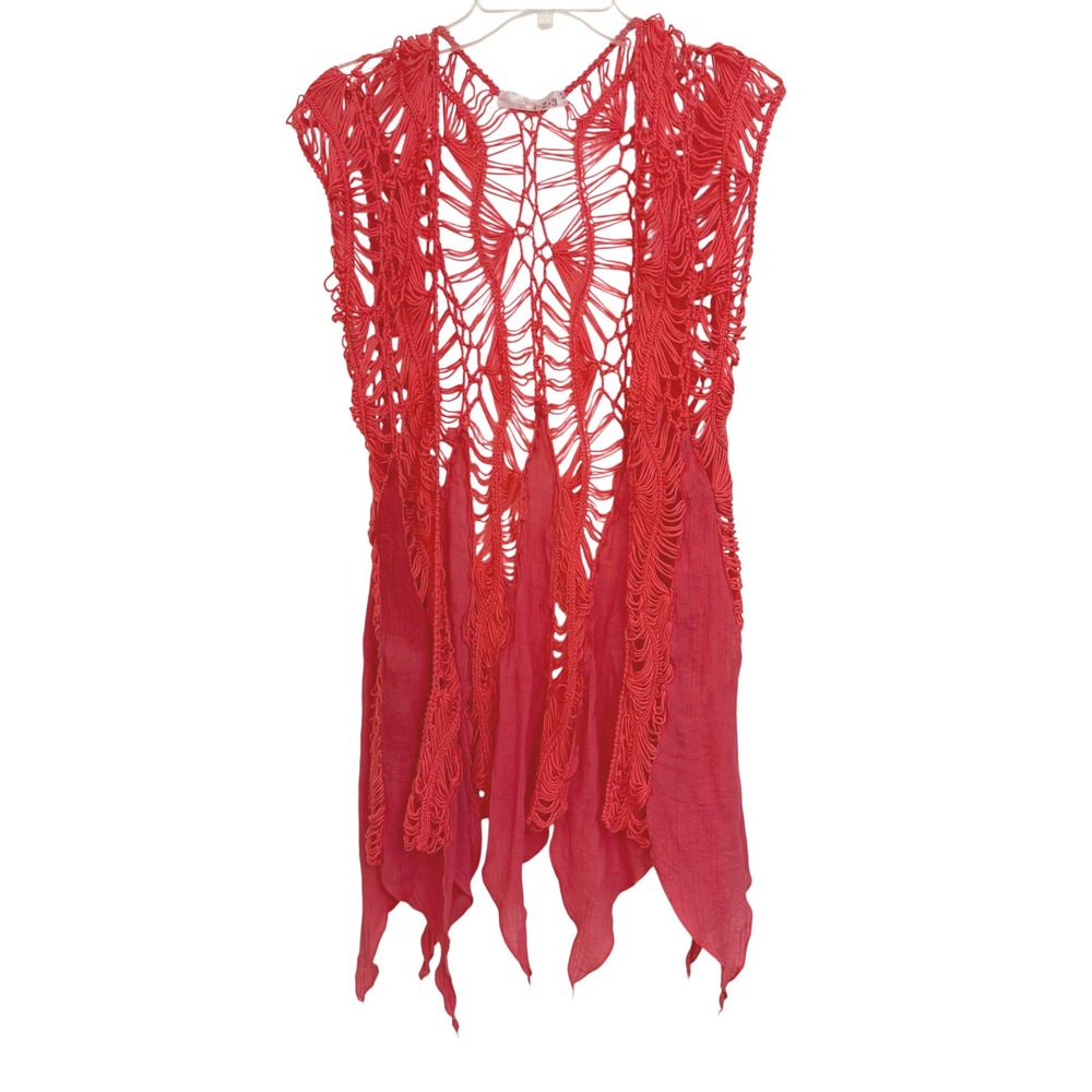 1.2.3 Coral Red Open Knit Crochet Vest Handkerchief Hem Boho Festival Layer OS